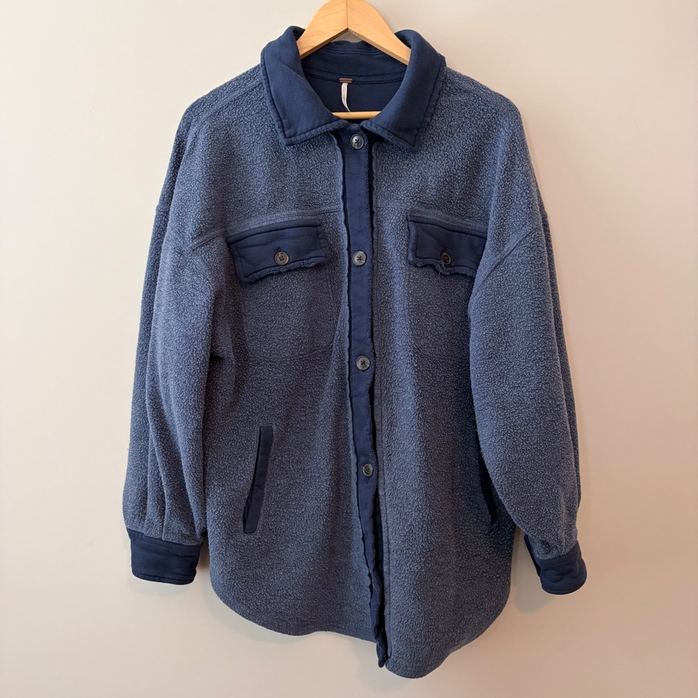 Free People Ruby Jacket Navy Blue Fleece Oversized Shacket OB1034245 Womens M